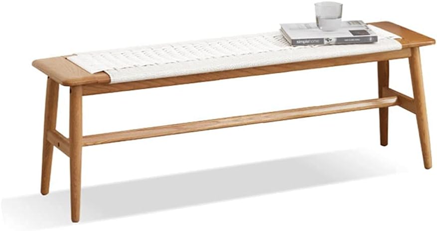 Minimalist Fashion Creative Solid Wood Rope Woven Long Stool Hand-Woven Stool Surface Bench Simple Shoe-Changing Stool Bench for Bedroomcasual/White/Small