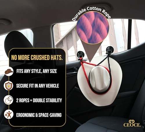 CEOCE Car Cowboy Hat Holder for Truck – Easy-to-Use, Cotton Rope, Strong Suction Car Hat Holder Cowboy, Western Style – Keeps Gear Safe from Damage. (4-Pack) by CEOCE - Image 8