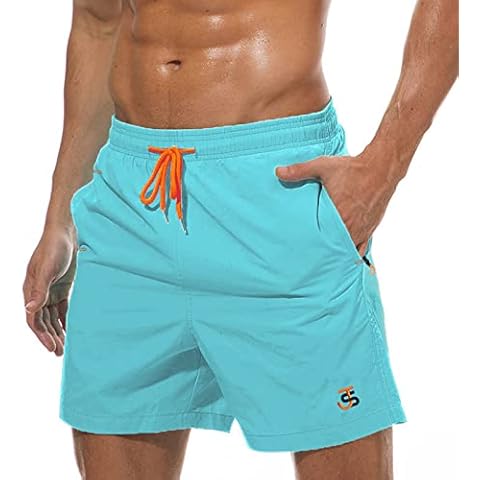 JustSun Mens Swimming Shorts with Zip Pockets Swim Board Shorts Quick Dry Beach Shorts Swim Trunks Surf Shorts Mesh Lining Light Blue Medium Cover