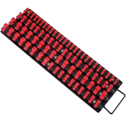 Fuutuu 80 Socket Organiser Rack with Holder for 1/4 3/8 1/2 inch Tool Trays Sturdy Socket Managers with Handle Black Rails with Red Socket Holders for Professional and DIY Use