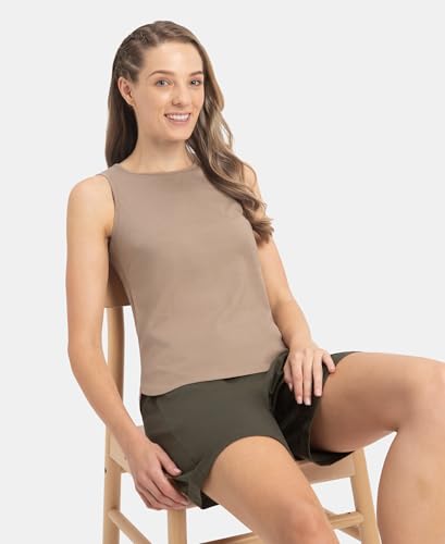 Image of Jockey AW77 Women's Super Combed Cotton Rich Solid Curved Hem Styled Tank Top Desert Taupe S