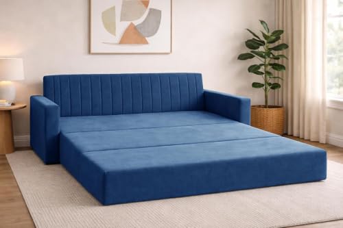 Image of Sofa-Cum-Bed | Three-Seater Sofa Bed Couch with Armrest | Modern Fabric Sofa for Living Room, Bedroom & Office-Blue-Color