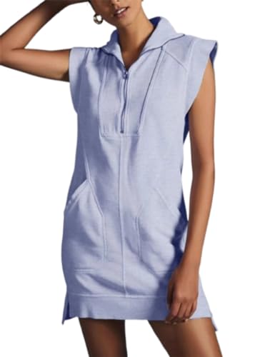 Mini Vestido Pulôver Com Decote Em V e Cintura, Vestido Feminino Com Meio Zíper e Moletom, Vestido F