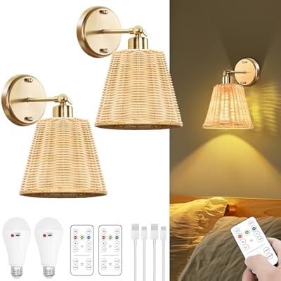 Frideko Rattan Rechargeable Battery Operated Wall Sconces Set of Two with Remote, 3 Colors Dimmable Wireless Wall Light, 5200mAh Indoor Wall Lamp with 4 Timer, Boho Sconces Wall Lighting for Bedroom