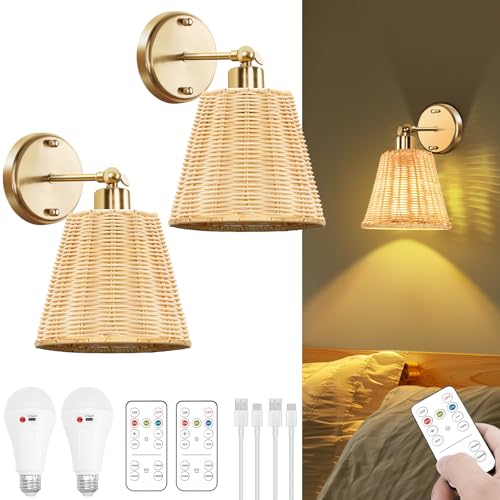 Frideko Rattan Rechargeable Battery Operated Wall Sconces Set of Two with Remote 3 Colors Dimmable Wireless Wall Light 5200mAh Indoor Wall Lamp with 4 Timer Boho Sconces Wall Lighting for Bedroom