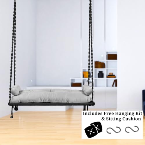 Image of Patiofy Double Seater Plank Swing for Adults | Indoor and Outdoor Use | Jhula for Adults with Grey Sitting Cushion & With Round Bolster Pillow | Hanging Kit Included | Weight Capacity - 150 Kg - Black