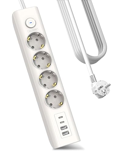 Steckdosenleiste 8 n 1 Mehrfachsteckdose mit USB, 3680W Steckerleiste mit Schalter,16A Mehrfachstecker mit 2 USB C, Wandmontage Verteilersteckdose f&uuml;r Smartphones,Laptop,iPAD,1.8M verl&auml;ngerungskabel
