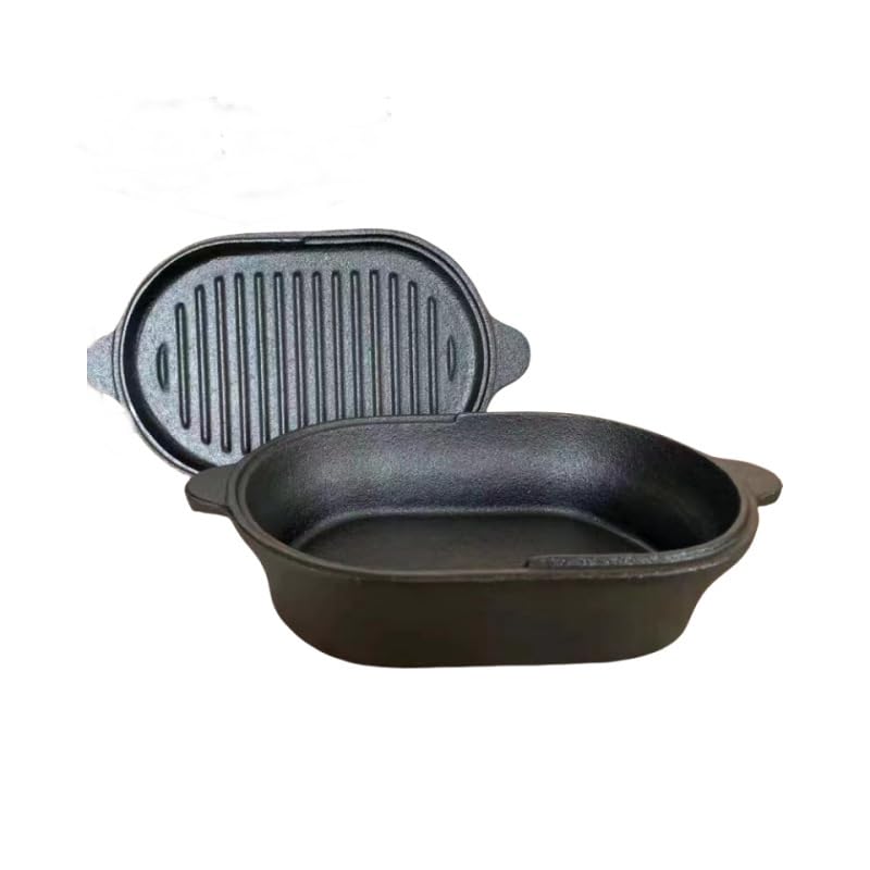 3.58L Horno Holandés de Hierro Fundido 2 en 1, Cacerola Rectangular de Hierro Fundido con Tapa-Sartén Antiadherente 28CM, para Uso en Interiores y Exteriores, Cocinar y Hornear