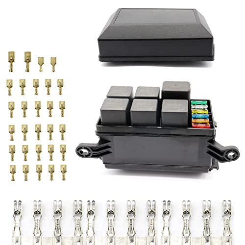 Tiardey à 2 emplacements Boîte de relais à fusibles [6 relais][fusibles à 6 lames]avec relais 12 V 40 A, fusibles et broches métalliques pour une utilisation automobile et marine Cover