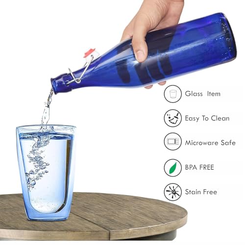 Image of Pure Source India Leak-Proof Reusable Blue Glass Water Bottle 1L with Airtight Steel Lock (Set of 6)