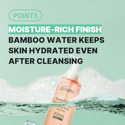 MAKE P:REM Safe Me. Oil to Foam Cleanser, Korean Face Wash, Gentle Transforming Makeup Remover for Sensitive Skin, 6.76 Fl Oz, 200ml
