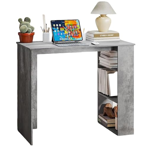 SFAREST Wooden Computer Desk with 2/3 Tier Bookshelf, 80/90CM Compact Laptop Table with 2 Compartments, PC Study Writing Workstation for Home Office (Grey, 90x45x75cm)