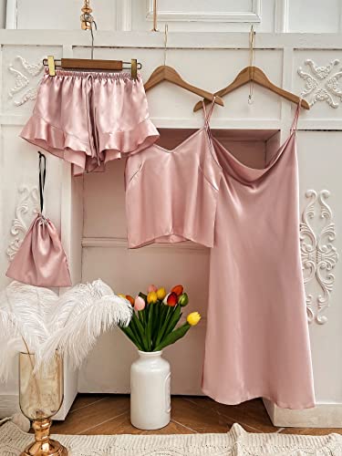 Floerns Women's Pajamas Set 4 Piece Sleepwear Ruffle Hem Satin Loungewear Dusty Pink S #TOP4