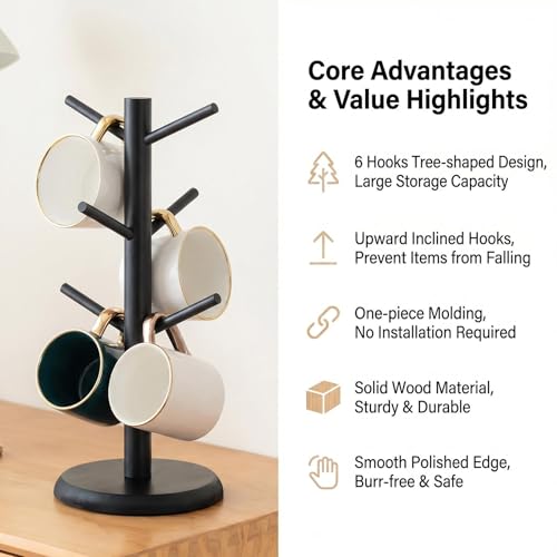 VANTOBEST Black Mug Holder Tree Stand - Organise Your Coffee Cups with 6 Hooks for Countertop Storage and Display - Image 6