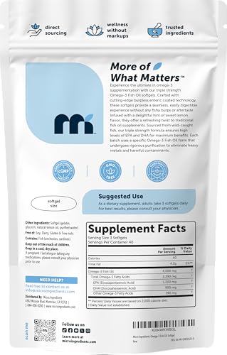 Image of Micro Ingredients Triple Strength Omega 3 Fish Oil Supplements 4200mg Per Serving, 120 Softgels - Lemon Flavored - Burpless | EPA 1200mg + DHA 900mg | Deep Sea Fish
