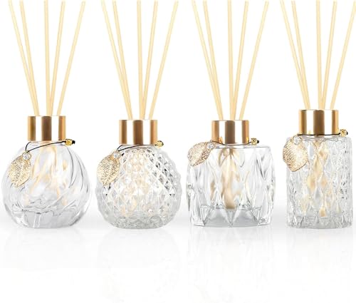 4-Piece Reed Diffuser Bottle Set with Gold Metal Details 3.54.2 oz Refillable Glass Bottles and 20 Reed Sticks A Coordinated Collection for Home and Office(4 Pcs Different Bottles)