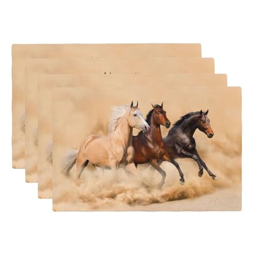 VIGGINER Horses Placemats Set of 4 Linen Washable Placemat Kitchen Dining 3 Horse Running in Desert Storm Heat-Resistant Place Mats Mythical Mystic Messenger Table Mats for Home Party 12x18 Inch