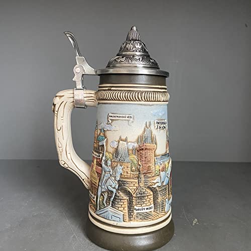 Caneca de cerveja alemã brasões Stanley Viking Tankard Castelo de Praga com tampa Petwer 0,6 litros