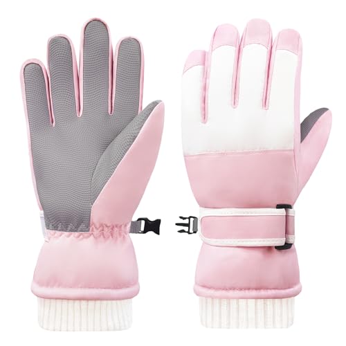 lifwimner Gants de Ski d'hiver pour Enfants, Gants de Neige Imperméables Coupe-Vent Gant Chauds pour Garçons Filles Ski Snowboard Sports (Rose, L)
