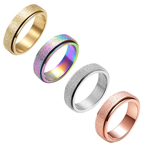 yfstyle 4 Pcs Stainless Steel Fidget Spinner Ring for Women Men 6MM Anxiety Relief Band Rings Shiny Sand Blast Surface Relieving Stress Fidget Ring Pack 14K Gold-plated -A-Size7