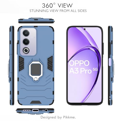 Image of Pikkme D5 Tough Armor Back Cover | 360 Protection Case | Ring Holder Stand Bumper Case for Oppo A3 Pro 5G (Blue)