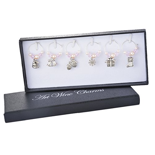 Souarts Mixed 6pcs Glass Charms Marker Tags Set with Gift Box Christmas Snowflake Stocking Bell Hat Pendants