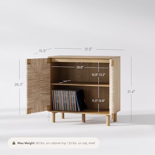 Image of Nathan James Beacon Accent Natural Sideboard Storage Cabinet in Light Wood with Adjustable Interior Shelf and Seagrass Doors, for Hallway, Entryway or Dining Room, Light Brown