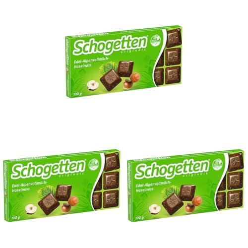 Schogetten Edel-Alpenvollmilch-Haselnuss 100g Schokoladentafel, praktisch einzeln portioniert. Ein Genuss. Stück für Stück. (Packung mit 3)