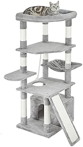 Pesofer 56 Inches Cat Tree Multi Level Cat Tower with Sisal-Covered Scratching Posts, Kitty Playhouse and Large Top Perch Light Grey