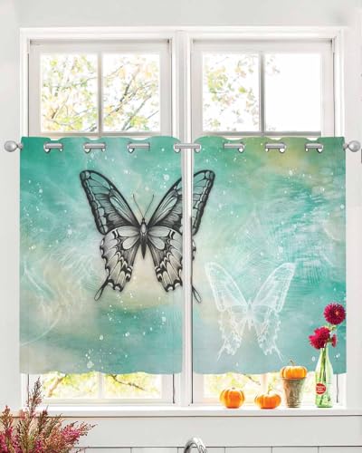 Black Butterflies Sheer Curtains 39 Inch Length 2 Panels Set