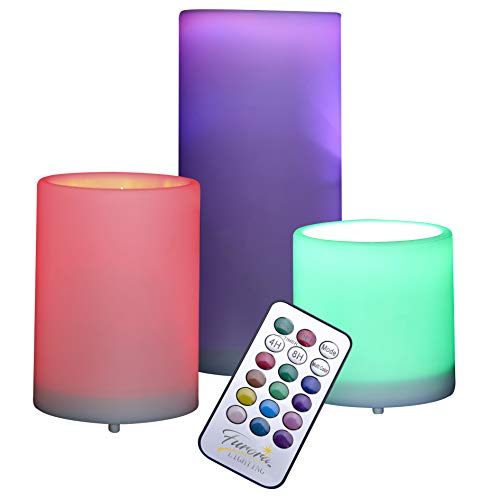 Color Changing Flameless Candles with Remote Control Set of 3, Furora LIGHTING Battery Operated Multicolor Lights Pillar Candles for Patio Decor, Room Decor, Mood Lighting (Batteries Included)