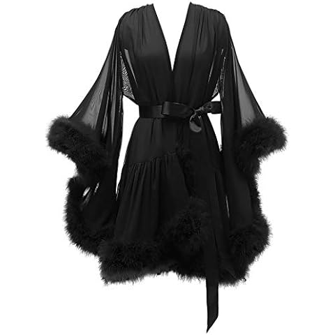 Yexinbridal Feather Fur Bridal Robes Chiffon Lingerie Nightgown Bathrobe Sleepwear Wedding Scarf Illusion Women Black S/M Cover
