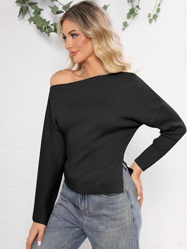 Womens Off Shoulder Sweaters 2025 Fall Long Batwing Sleeve Loose Fit Knit Tops Casual Pullovers Jumpers4
