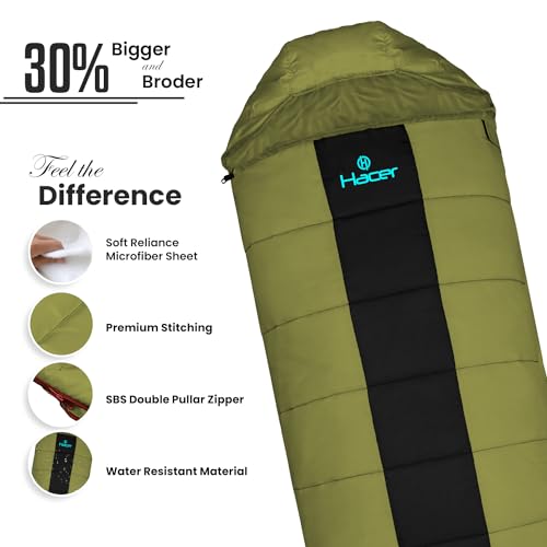 Image of Hacer HC-1500 3in1 Camping Sleeping Bag Open Comforter & Mattress +2 Degree Winter 210T Polyester Lining Hiking Trekking Bags for Baby, Adults Men & Women (7ft, Army Green & Black, 2C to +5C, 1.6kg)