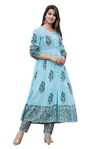 GoSriKi Women's cotton anarkali Kurta (VANITA NAVY_XL_Sky Blue