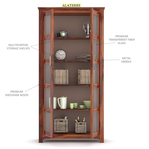 Image of Wood Book Shelf with Acrylic Glass Door, Wooden BookCases for Home Library, Crockery Units, Kitchen Cabinet, Study Room, Shelves, Home & Office, Honey Finish