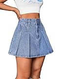 WDIRARA Women's High Waist Button Pleated Hem Skater A Line Streetwear Mini Denim Skirt Medium Wash Large