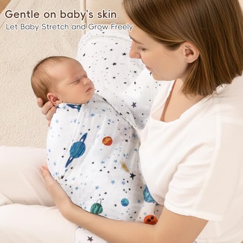 Image of david's kids 4 Pack Baby Muslin Swaddle Blankets, 100% Cotton and Ultra Soft Breathable Receiving Blanket Wrap for Boys Girls, New Born Essentials, Large 47 x 47 inches, Space&Stars