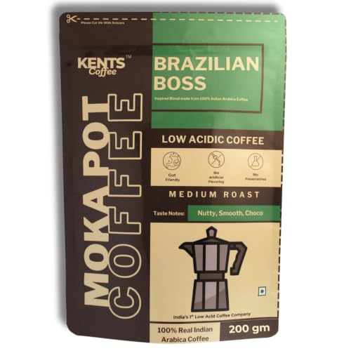 Image of Kents Coffee Brazilian Boss | LOW ACIDIC COFFEE | For Moka Pot, Drip Machine, V60 & South Indian Filter | Ground Coffee | Medium Roast, Medium-Fine Grind | 100% Arabica from Chikmagalur | Nutty, Smooth & Choco | Single Estate | Sundried Arabica + Washed Arabica | Freshly Roasted Beans | 200gm