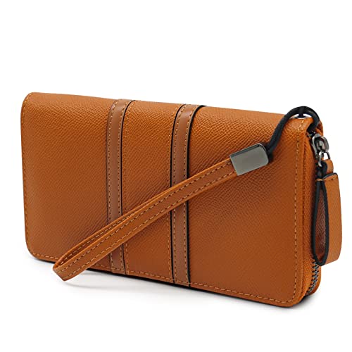 CornerLife Large Capacity Wristlet Wallets for Women Zipper Wallets for Women Long Checkbook Clutch Ladies Wallets Vegan Leather with Wrist Strap (Brown)