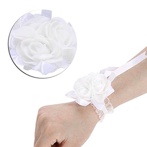 Bridesmaid Wedding Rhinestone Stretch Bracelet Wrist Flower Corsage Prom Party White Flower Wristband Accessory for Women Girls Party Event Special Occasion - Image 3