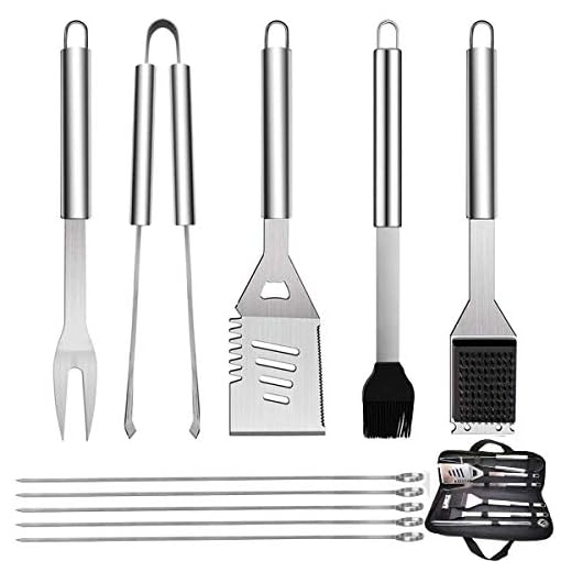 GQC 10 PCS Kit di Attrezzi Barbecues Utensili Barbecue Set, Completo Attrezzi BBQ in Acciaio Inossidabile Posate per Campeggio/Regalo, Regalo di papà Ideale per Compleanno (10)