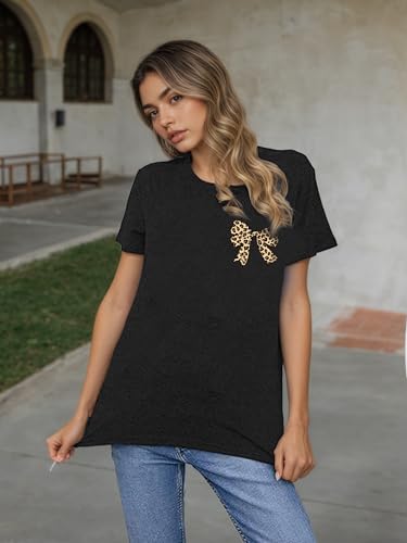 Image of Bow Leopard Shirt for Women Cheetah T-Shirts for Women Bow Graphic Tees Short Sleeve Aesthetic Tee Top
