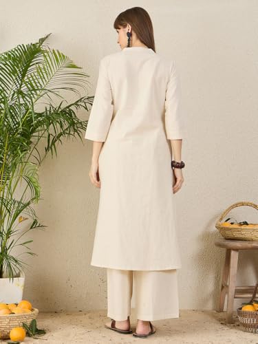 Image of INDO ERA Women's Pure Cotton Animal Embroidered A-Line Kurta & Palazzo Set (Off White IESTR11998 Small)