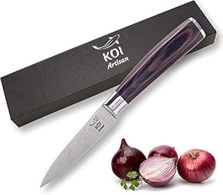KOI ARTISAN Damascus Style Paring Knife - 3.5 Inch Razor Sharp Edge  Chef Knife High Carbon Stainless Super Steel  Moisture Resistant Pakka Wood Handle Kitchen Knives