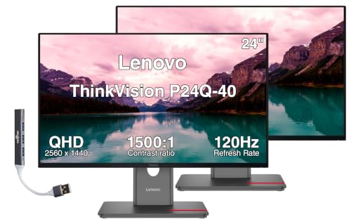Lenovo ThinkVision P24Q-40 24" QHD IPS Monitor, 4ms Response Time (2-Pack) | Anti-Glare, 120Hz Refresh Rate, VESA Mount (100mm), DisplayPort, HDMI & DKZ USB Port Expander, Black (64B2GAR1UZ)