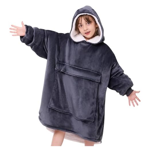 yescool Wearable Blanket Sweatshirt Kids, Oversized Blanket Hoodie with Sherpa for Kids, Youth, Boys, Girls, Portable Warm Travel Pillow, Teen Wearable Blankets, Hand Warmer, One Size, Grey