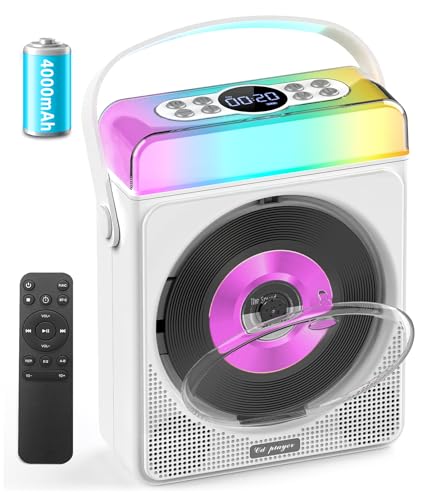 Image of Greadio Portable Bluetooth CD Player with RGB Lights & Speakers (White)