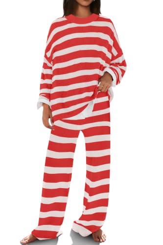 Image of SENSERISE Womens Striped Set Sweater Lounge Sets | Pajamas Set, Loungewear Set, Oversized Knit Sweater, Wide Leg Pants with Pockets, Fall Outfits, Pants Set