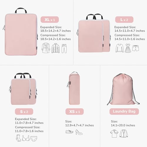 CherryNow Compression Packing Cubes, 7 Set Packing Cubes for Travel Women, Travel Essentials for Suitcase, Luggage Organizer Bags, Pink